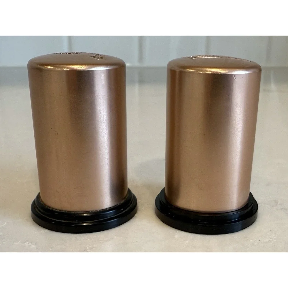 Mid-Century 1960s Salt Pepper Shakers Copper Black Bottom Stylized Initials Font